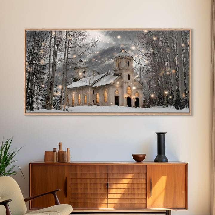 Evergreen Church – Framed Canvas Print – Christmas Wall Art – Christian Art Canvas – Framed Christmas Wall Art – Christian Christmas Art –