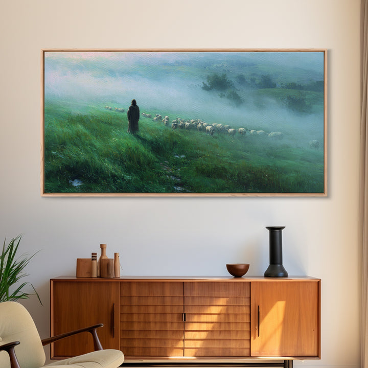 Morning Shepherd – Framed Canvas Print – Christian Art Canvas – Christian Wall Art – Jesus Painting – Christian Art Prints – Moody Christia