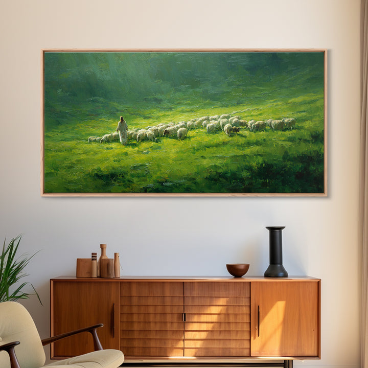 Shepherd’s Calm – Framed Canvas Print – Christian Wall Art – Jesus Painting – Christian Art Canvas – Pastoral Scenery – Christian Christmas