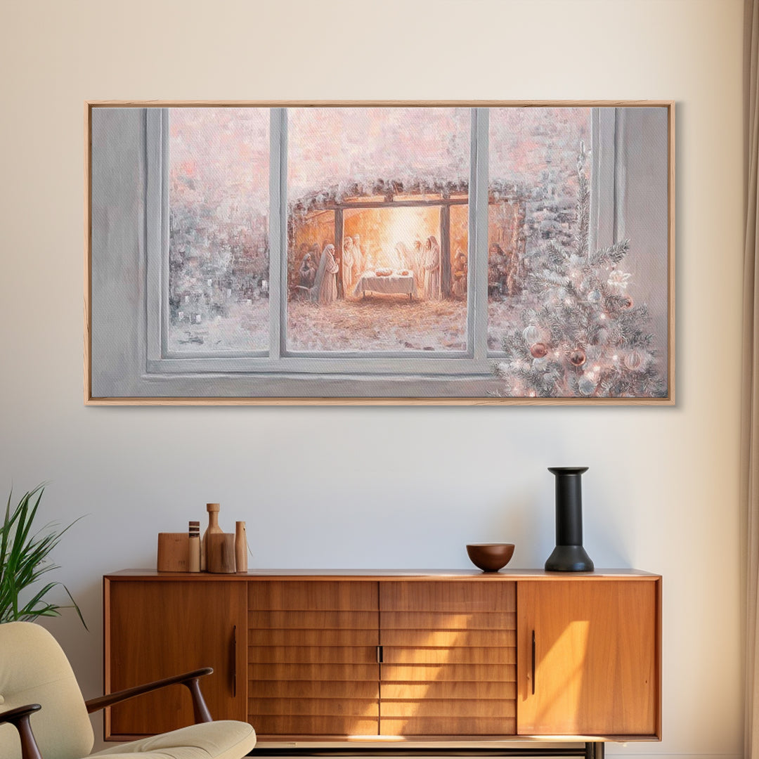 Nativity Through Frosted Glass | Framed Canvas Print | Christian Christmas Art | Christmas Wall Art | Jesus Painting | Christian Art Canvas