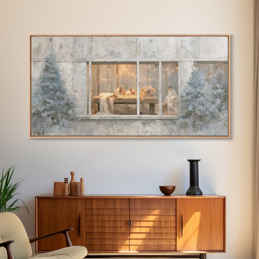 Winter Manger Light – Framed Canvas Print – Christian Christmas Art – Christmas Wall Art – Jesus Painting – Christian Art Canvas – Framed C