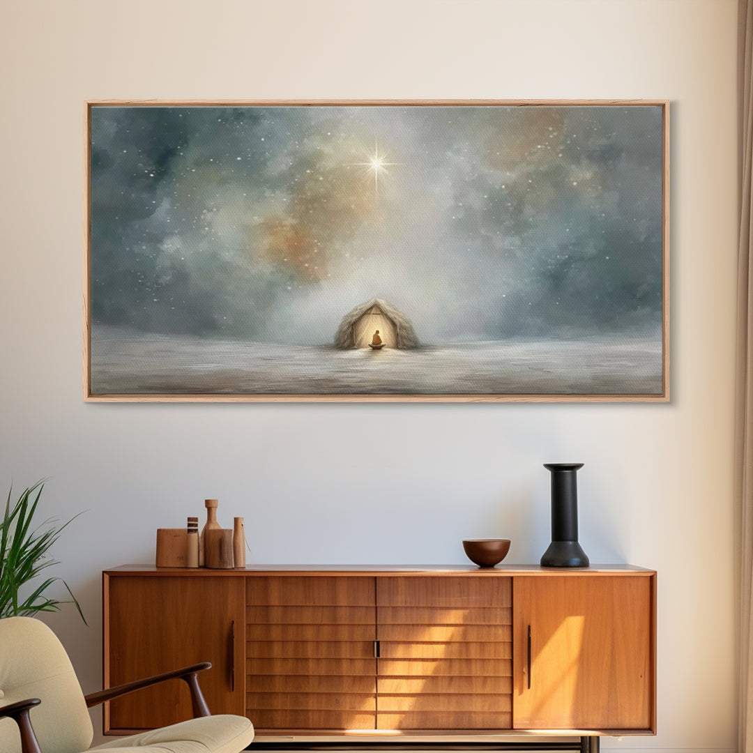 Divine Arrival | Framed Canvas Print | Christian Art Canvas | Christian Wall Art | Jesus Painting | Christian Christmas Art | Christian Dec