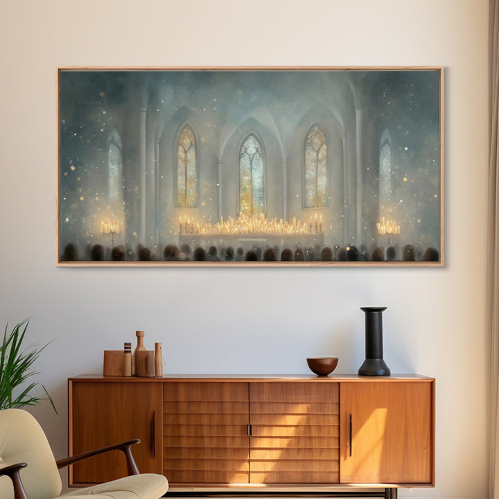 Cathedral Midnight Flame – Framed Canvas Print – Christian Paintings – Christmas Wall Art – Christian Christmas Art – Large Christian Paint