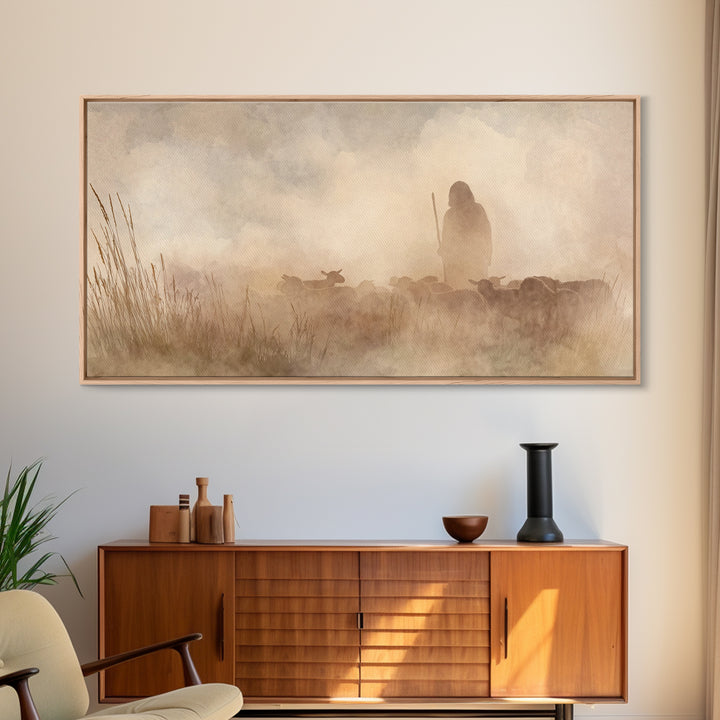 Shepherd In Mist – Framed Canvas Print | Christian Art Canvas | Christian Wall Art | Christian Christmas Art | Christian Art | Jesus Painti