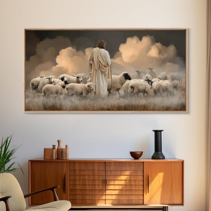 Evening Flock Peace – Framed Canvas Print | Christian Art | Jesus Painting | Christian Art Canvas | Christian Wall Art | Christmas Art