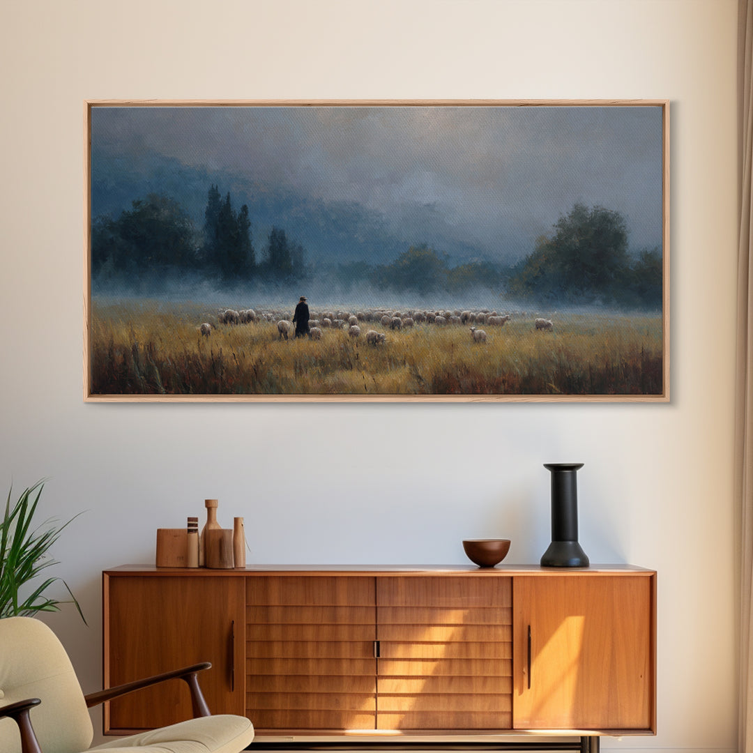 Misty Shepherd Path – Framed Canvas Print, Christian Art Canvas, Christian Christmas Art, Jesus Painting, Christian Wall Art, Christian Art