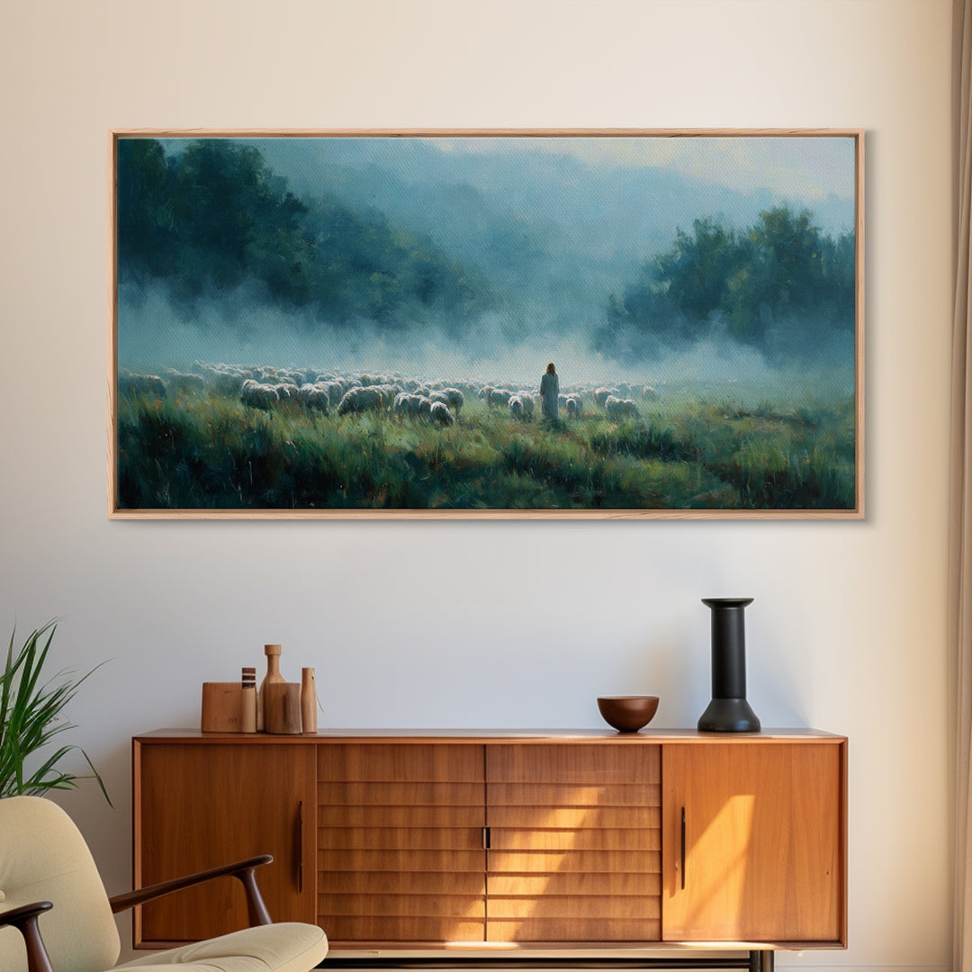Morning Pasture Calm – Framed Canvas Print – Christian Art – Christian Wall Art – Christian Art Canvas – Jesus Painting – Christmas Art