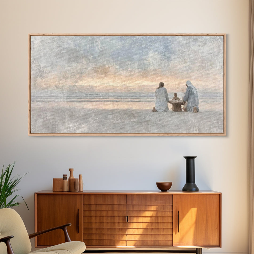 Sandy Nativity – Framed Canvas Print – Christian Art Canvas – Christmas Wall Art – Christian Christmas Art – Christian Decor For Home – Chr