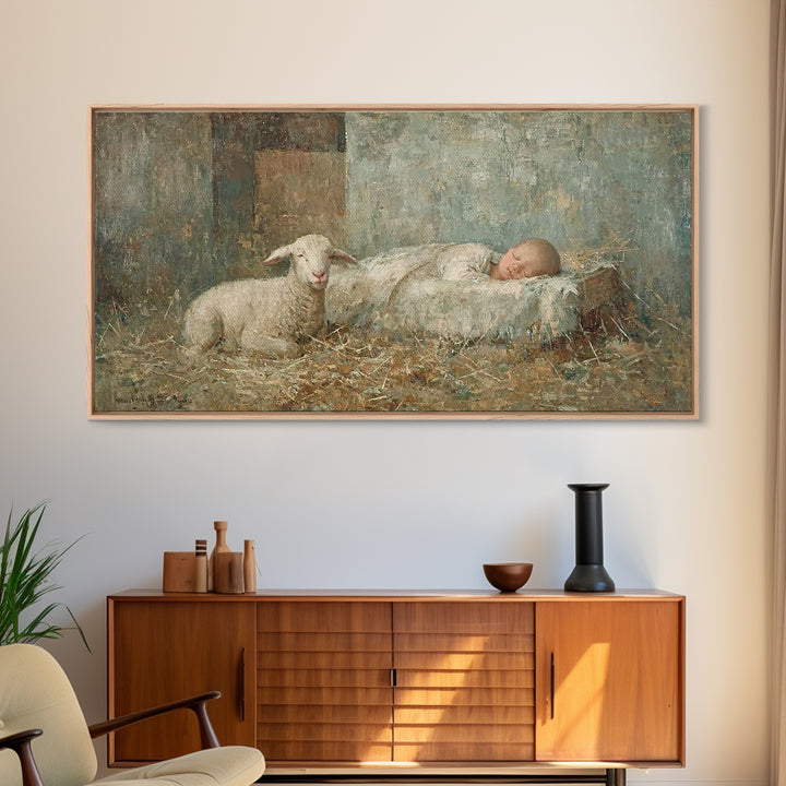 Gentle Manger – Framed Canvas Print – Christian Paintings – Christmas Wall Art – Christian Christmas Art – Christian Art Canvas – Jesus Art