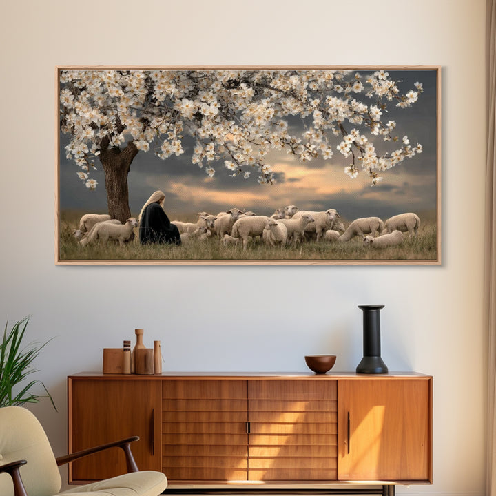 Gentle Twilight Shepherd, Framed Canvas Print, Christian Wall Art, Jesus Painting, Christmas Art, Christian Art Canvas