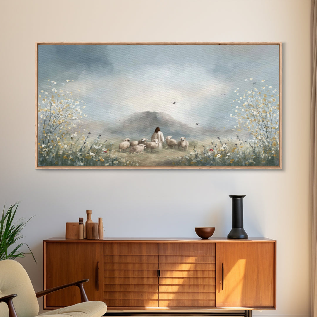 Heavenly Field Stillness, Framed Canvas Print, Christian Christmas Art, Jesus Painting, Christian Wall Art, Art Canvas
