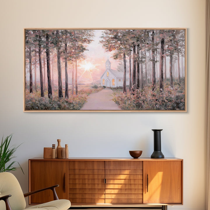 Sunlit Chapel Path, Framed Canvas Print, Christian Art Canvas, Christian Wall Art, Christian Art, Christian Painting, Christian Gift Ideas