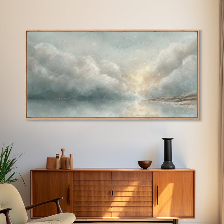 Cross In The Mist – Framed Canvas Print – Christian Wall Art – Jesus Painting – Moody Christmas Art – Christian Gift Ideas – Christian Art