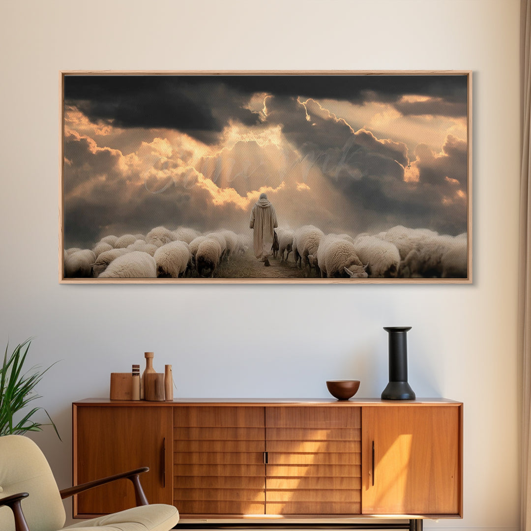 Heavenly Shepherd Light – Framed Canvas Print – Christian Wall Art – Christian Christmas Art – Jesus Painting – Christmas Canvas Wall Art –