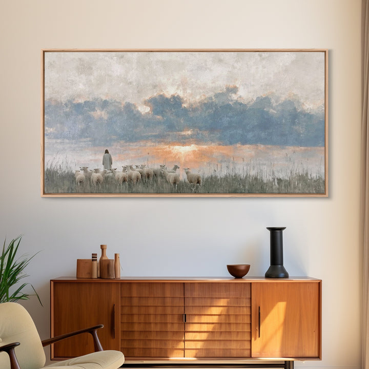 Dawn Of The Flock – Framed Canvas Print – Vintage Christian Art – Christian Wall Art – Christian Art Canvas – Jesus Painting – Christian Ch