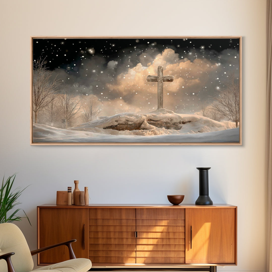 Midnight Bethlehem Glow – Framed Canvas Print – Christian Christmas Art – Christian Wall Art – Christian Art Canvas – Christmas Wall Art –