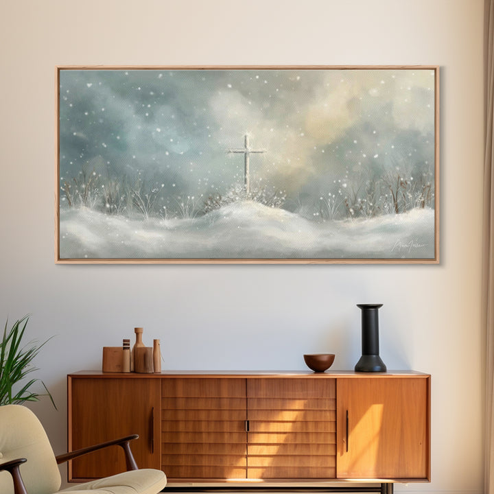 Frosted Cross Light – Framed Canvas Print – Christian Art Canvas – Minimalist Christian Art – Christian Wall Art – Subtle Christian Art – C
