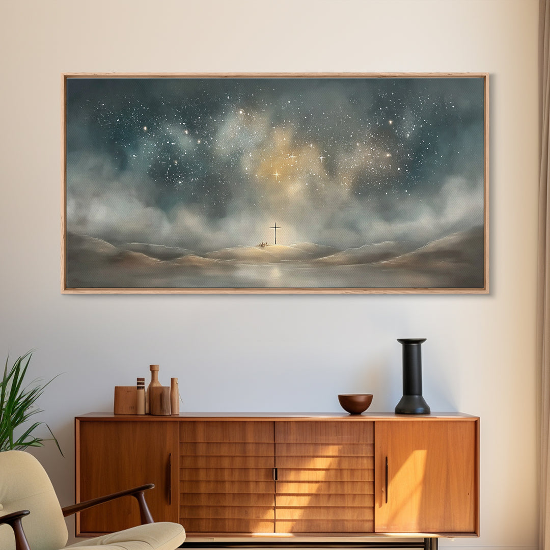 Starlit Crossland – Framed Canvas Print – Christian Art Canvas – Christian Wall Art – Modern Christian Art – Christmas Art – Christian Gift