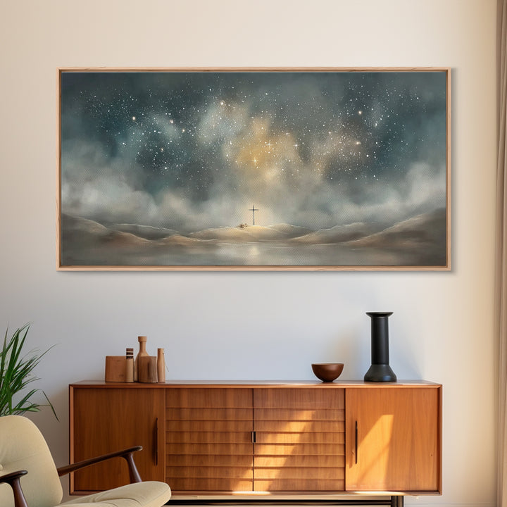 Starlit Crossland – Framed Canvas Print – Christian Art Canvas – Christian Wall Art – Modern Christian Art – Christmas Art – Christian Gift