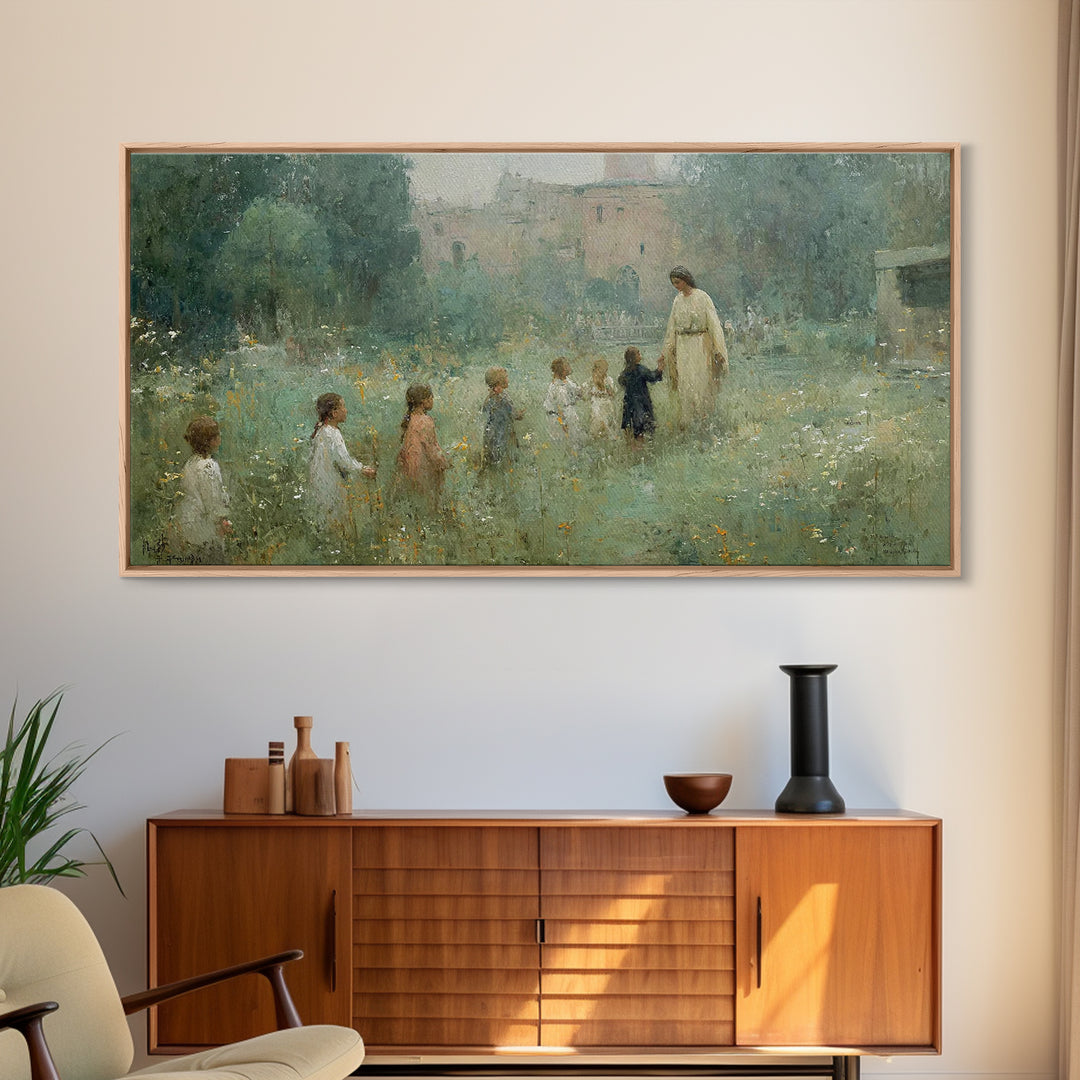 Gentle Meadow Walk, Framed Canvas Print, Christian Art Print, Vintage Christian Art, Jesus Painting, Christian Wall Art, Christian Gift Ide