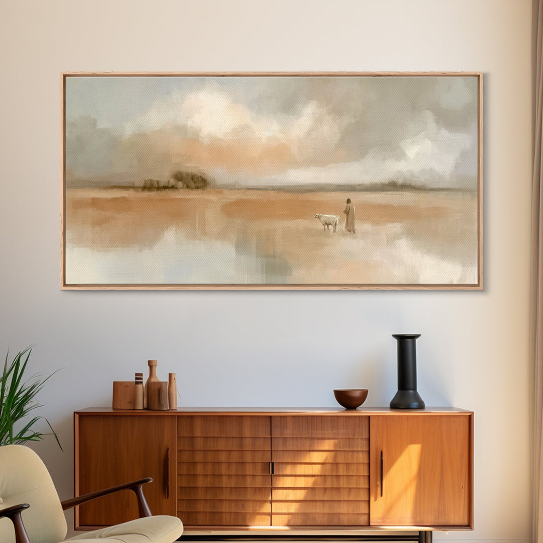 Quiet Pasture Peace | Framed Canvas Print | Minimalist Christian Art | Christian Wall Art | Subtle Christian Art | Jesus Painting