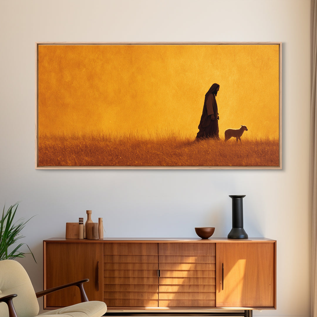 Golden Shepherd Light – Framed Canvas Print – Jesus Painting – Christian Wall Art – Christian Art Canvas – Modern Christian Art – Christian