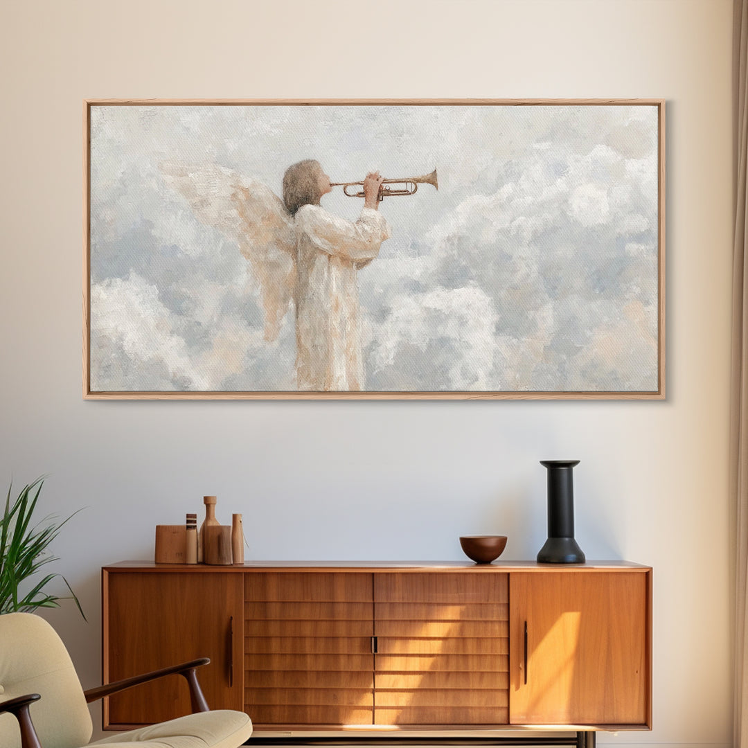 Soft Trumpet Grace, Framed Canvas Print, Christian Wall Art, Christian Christmas Art, Christian Art Canvas, Christmas Art, Christian Art