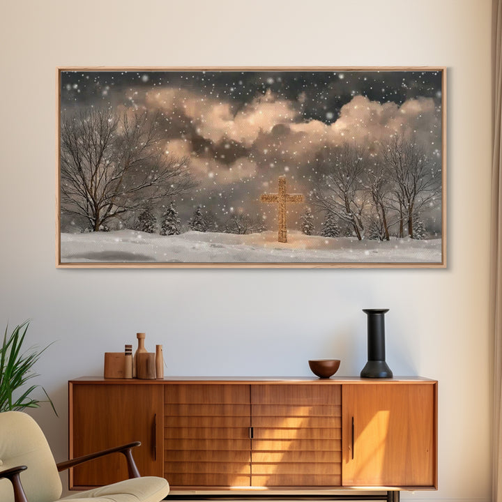 Snowbound Grace – Framed Canvas Print – Christmas Wall Art – Christian Art Canvas – Moody Christmas Art – Christian Painting