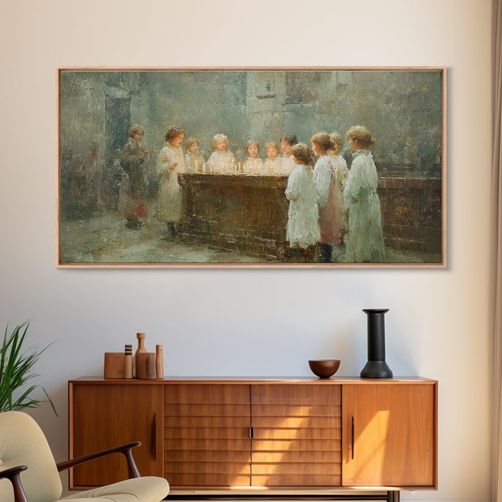 Little Lights Gathered – Framed Canvas Print – Christian Christmas Art – Christmas Wall Art – Christian Art Print – Vintage Christmas Art –