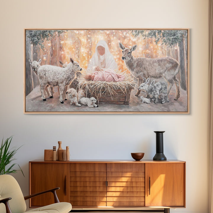 Forest Nativity Glow – Framed Canvas Print – Christian Wall Art – Christian Art Canvas – Christmas Art – Jesus Painting – Christian Art