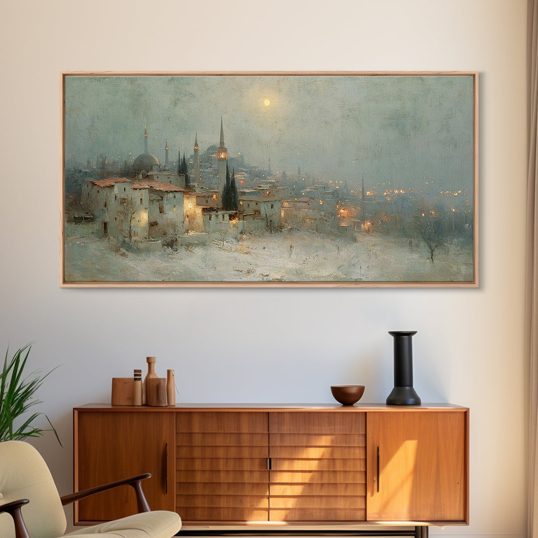 Winter Holy Town | Framed Canvas Print | Christmas Wall Art | Christian Art Canvas | Moody Christmas Art | Christian Art Print | Vintage Ch