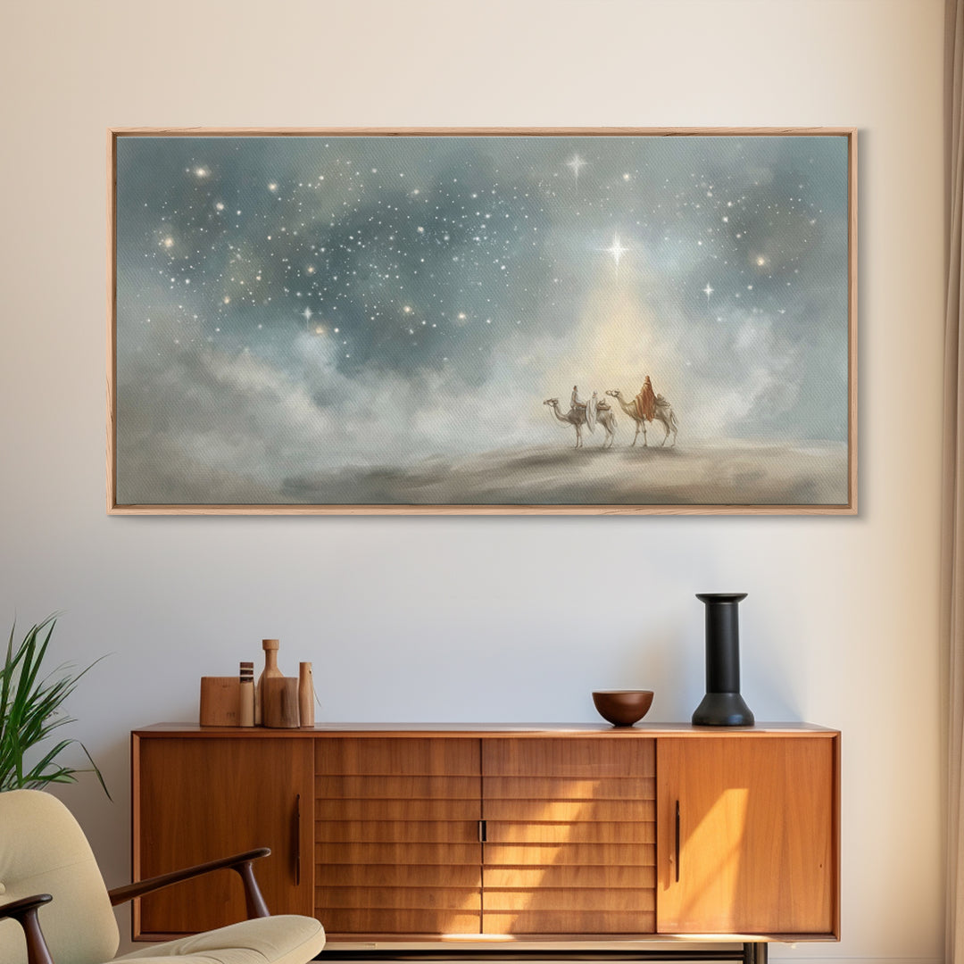 Guiding Star Journey, Framed Canvas Print, Christian Christmas Art, Christian Art Canvas, Christmas Wall Art, Blue Christian Art, Christian