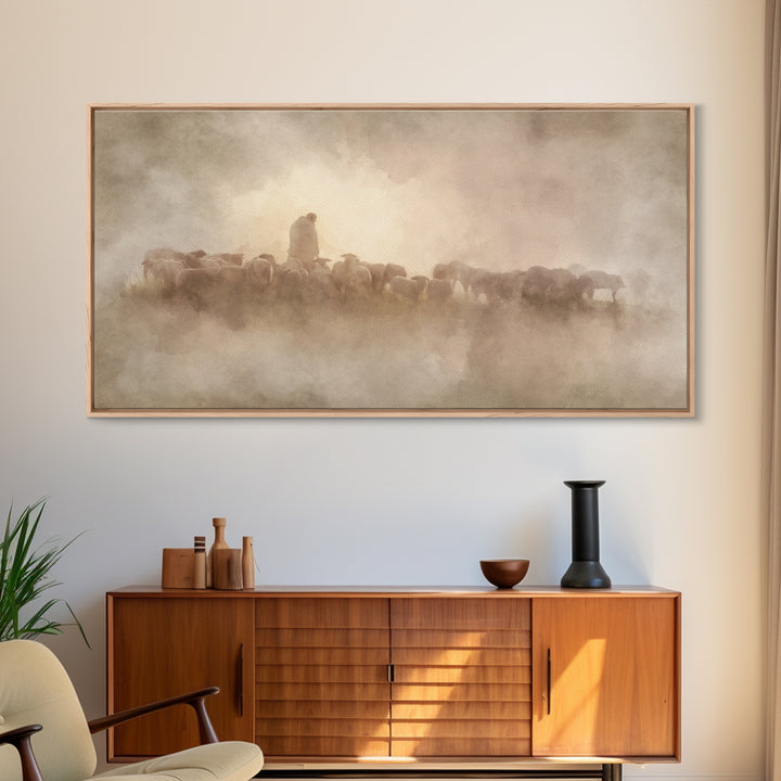 Shepherds Of Dawn - Framed Canvas Print - Christian Wall Art - Christian Art Canvas - Jesus Painting - Pastoral Scenery - Christian Gift