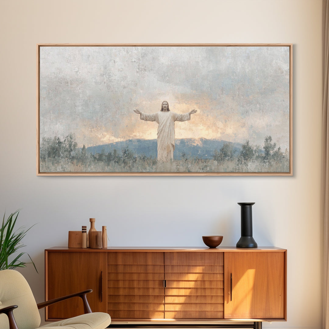 Open Arms Light | Framed Canvas Print | Christian Wall Art | Jesus Painting | Christian Art Canvas | Christian Gift | Modern Christian Art