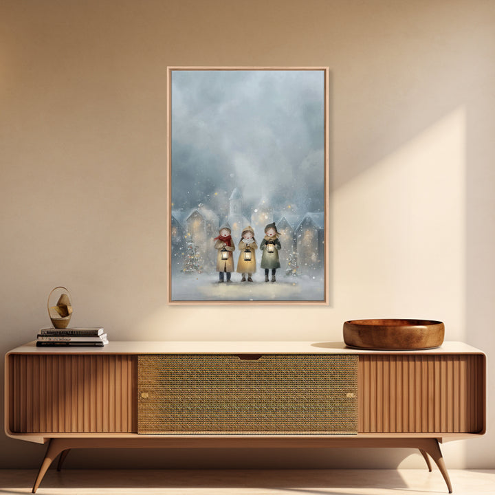 Lantern Carolers – Framed Canvas Print – Christian Wall Art – Christmas Art – Christian Art Canvas – Christian Christmas Art