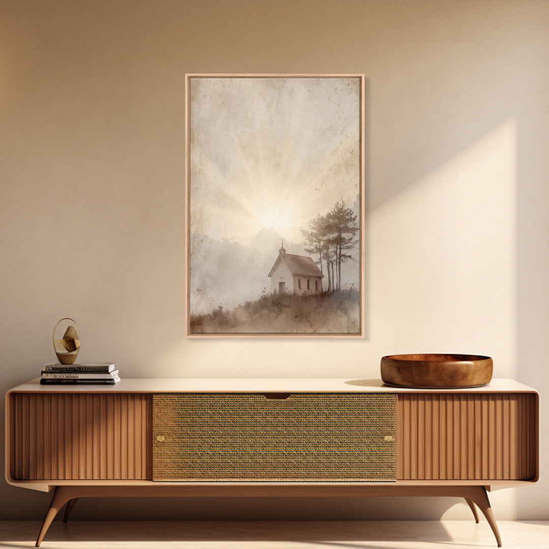 Dawn Chapel Grace – Framed Canvas Print – Christian Art Canvas – Christian Wall Art – Minimalist Christian Art – Christian Painting