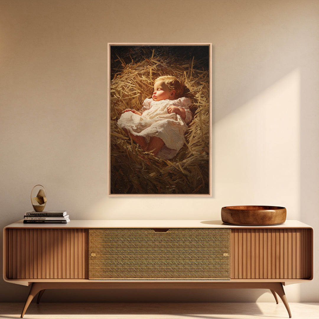 Silent Straw Light, Framed Canvas Print, Christian Art Canvas, Christmas Wall Art, Jesus Painting Canvas, Christian Christmas Art, Christia