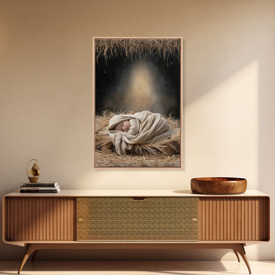 Heavenly Infant Glow – Framed Canvas Print – Christmas Art Prints – Christian Wall Art – Jesus Christmas Art – Christian Art Canvas – Chris