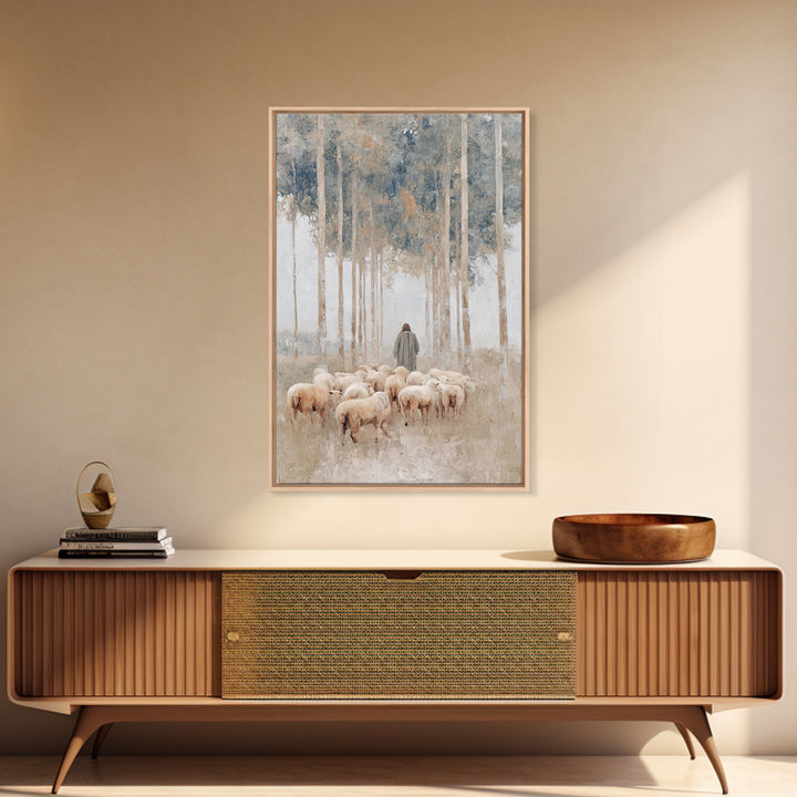Woodland Shepherd Light – Framed Canvas Print – Christian Art Canvas – Christian Wall Art – Modern Christian Painting – Pastoral Scenery –