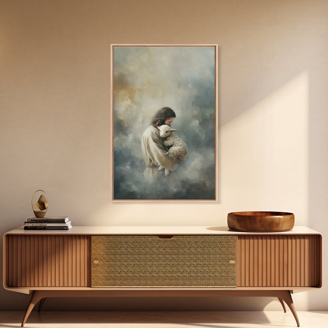 Arms Of The Shepherd – Framed Canvas Print – Jesus Painting – Christian Art Canvas – Christian Wall Art – Christian Christmas Art – Subtle