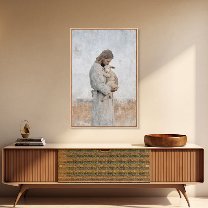 Heavenly Lamb Embrace – Framed Canvas Print – Christian Art Canvas – Jesus Painting – Christian Wall Art – Large Christian Art – Christian