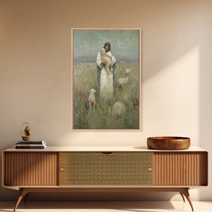 Gentle Shepherd Light, Framed Canvas Print, Christian Wall Art, Jesus Painting, Christian Art Canvas, Christian Gift Ideas, Vintage Christi