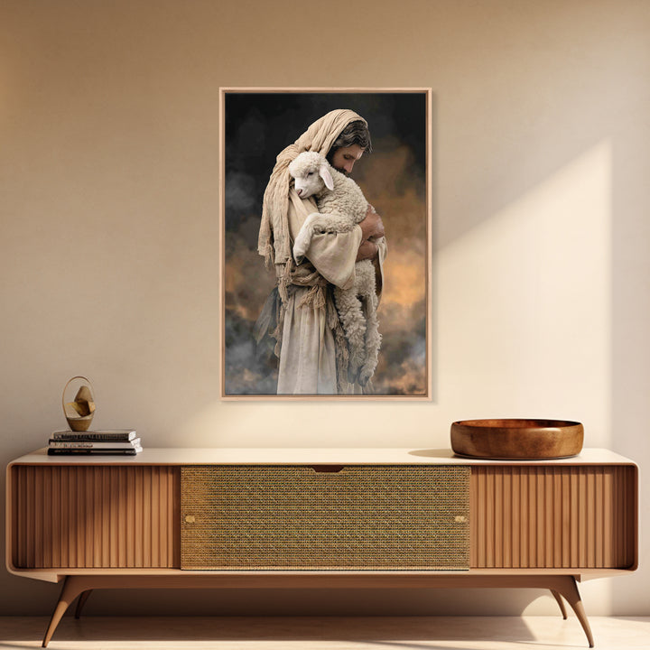 Tender Lamb Embrace, Framed Canvas Print, Jesus Painting, Christian Art Print, Christian Wall Art, Large Christian Painting, Christian Deco