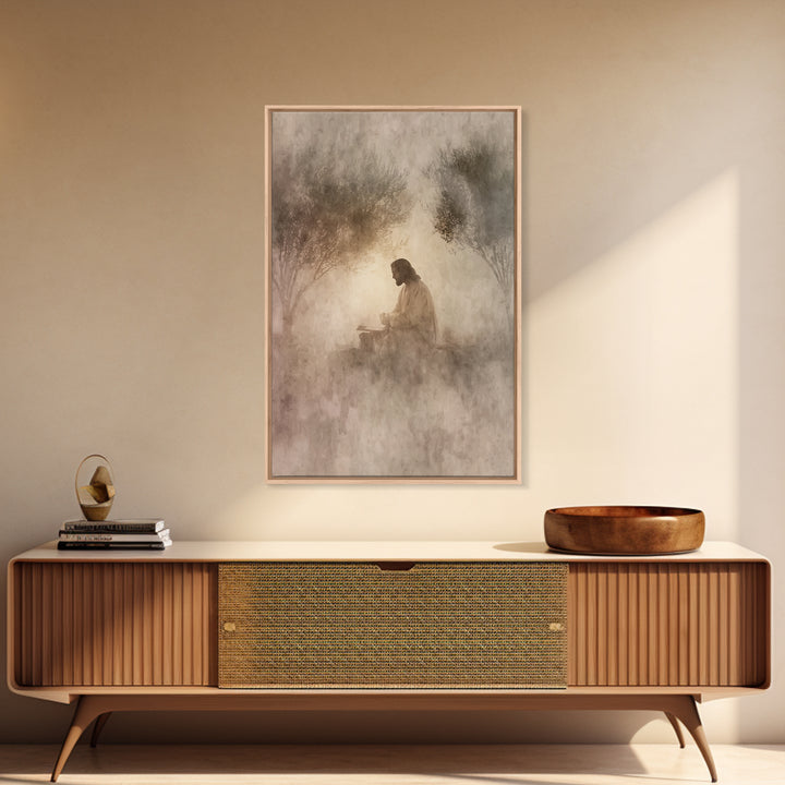 Quiet Olive Dawn, Framed Canvas Print, Christian Art Canvas, Modern Christian Art, Jesus Painting, Christian Wall Art, Christian Gift Ideas