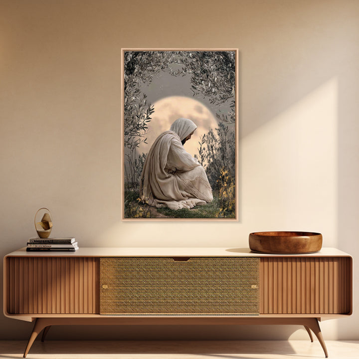 Moonlit Devotion, Framed Canvas Print, Christian Wall Art, Jesus Painting, Moody Christian Art, Christian Art Canvas, Christian Decoration
