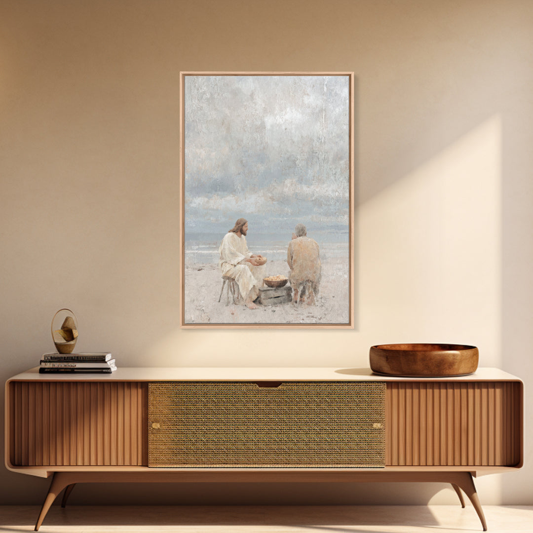Shoreline Quiet Bread, Framed Canvas Print, Jesus Painting, Christian Wall Art, Christian Art Canvas, Christian Decor, Minimalist Christian