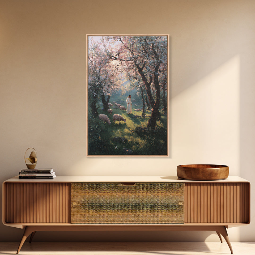 Spring Shepherd Path | Framed Canvas Print | Christian Art Canvas | Christian Wall Art | Jesus Painting | Christian Decor | Pastoral Scener