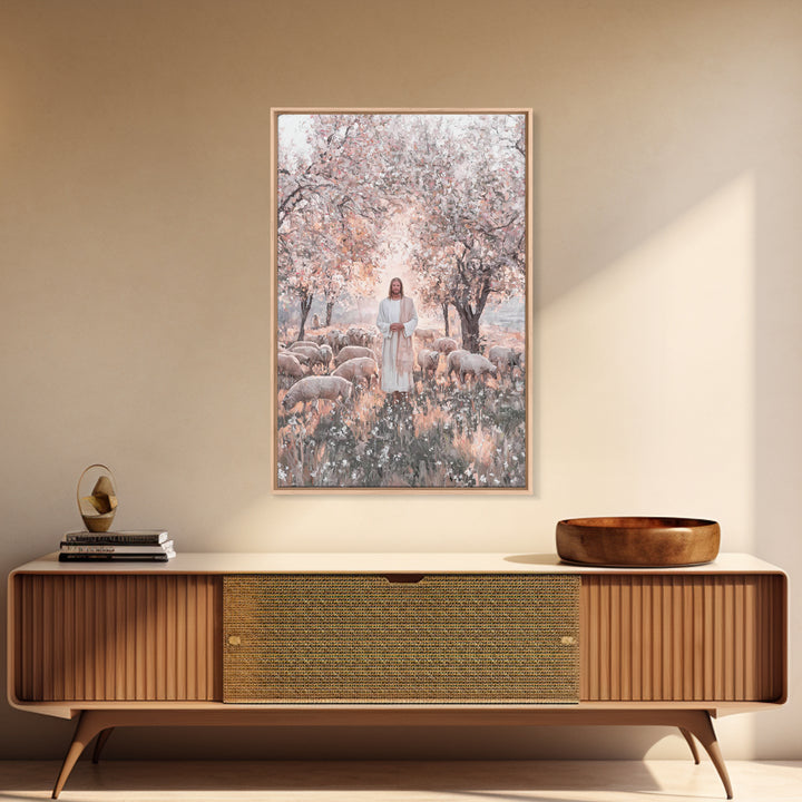 Garden Blossom Shepherd – Framed Canvas Print – Christian Wall Art – Christian Art Canvas – Jesus Painting – Christian Decor – Pastoral Sce