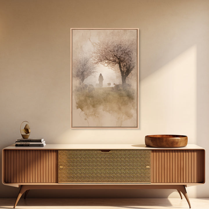 Dawn Shepherd Silhouette | Framed Canvas Print | Christian Wall Art | Christian Art Canvas | Jesus Painting | Subtle Christian Art | Christ