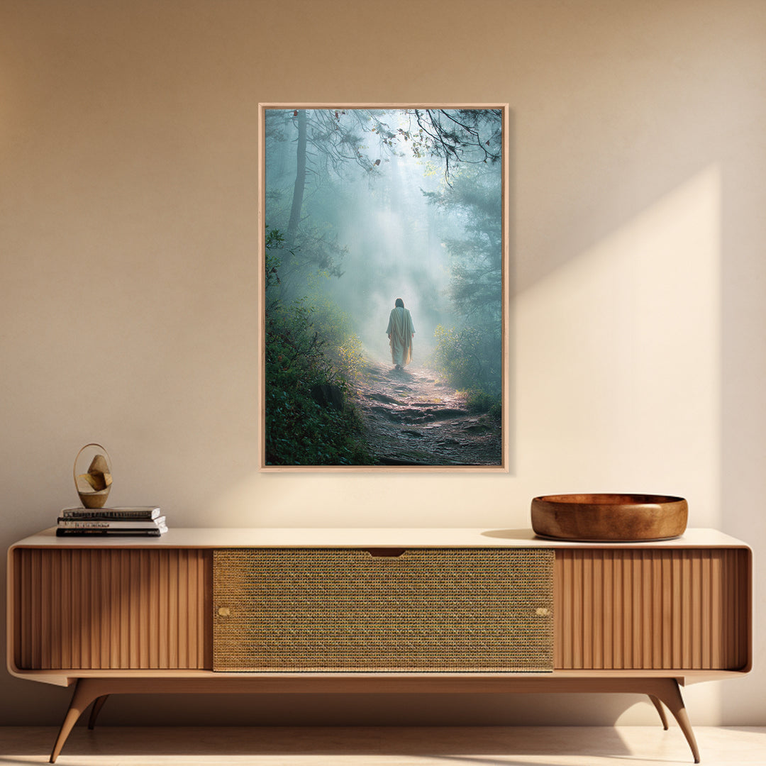 Forest Dawn Walk – Framed Canvas Print – Christian Wall Art – Christian Art Canvas – Jesus Painting – Moody Christian Art – Christian Decor